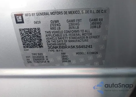 2019 Chevrolet Blazer из США, поврежденный, VIN 3GNKBBRA5KS645241